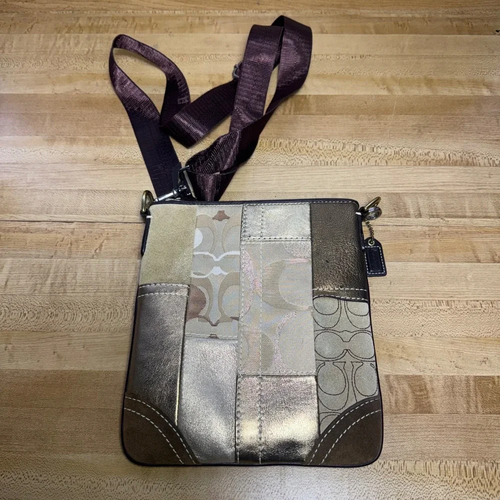 Coach Patchwork Crossbody Bag Metallic Gold Suede Signature Canvas Messenger